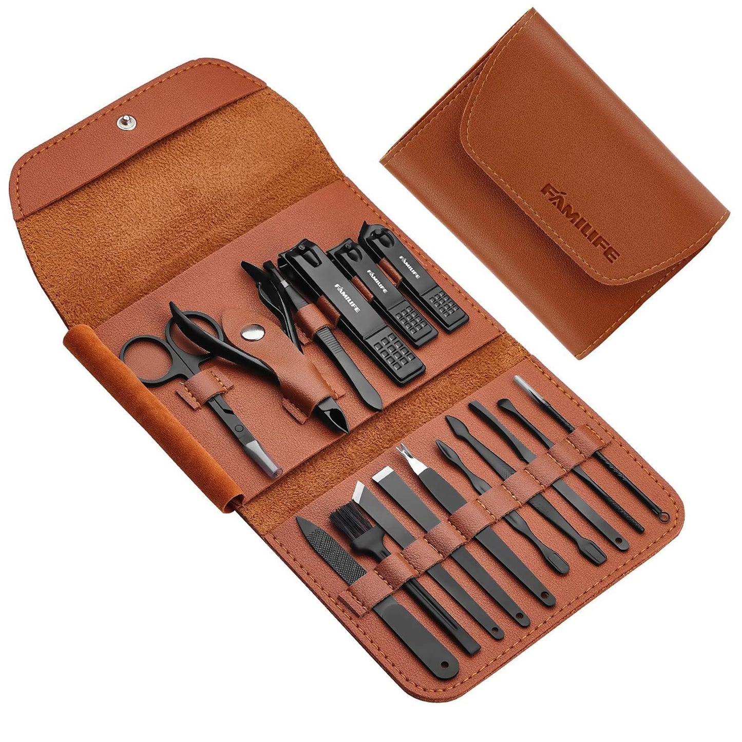 FAMILIFE Manicure Set, Nail Professional Kit Manicure Kits Nail Clipper Sets, 13PCS Stainless Steel Pedicure Sets Mens Grooming Tool, with Brown Leather Travel Case for Men