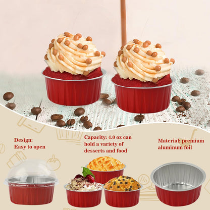 BAKINGPAK 50PCS Mini Aluminum Pans with Lids, 4OZ Baking Cups, Disposable Ramekins, Red Mini Cake Pans for Birthday