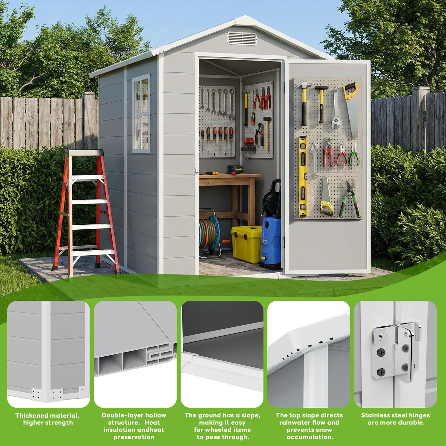 AIRAJ 4x6 FT Outdoor Storage Shed,Resin Storage Shed with Floor/Window/Vent/Roof Rainwater Drainage/Lockable Door,All-Weather Plastic Garden Sheds,for Yard,Garden,Poolside,Lawn Mower,Seasonal Items