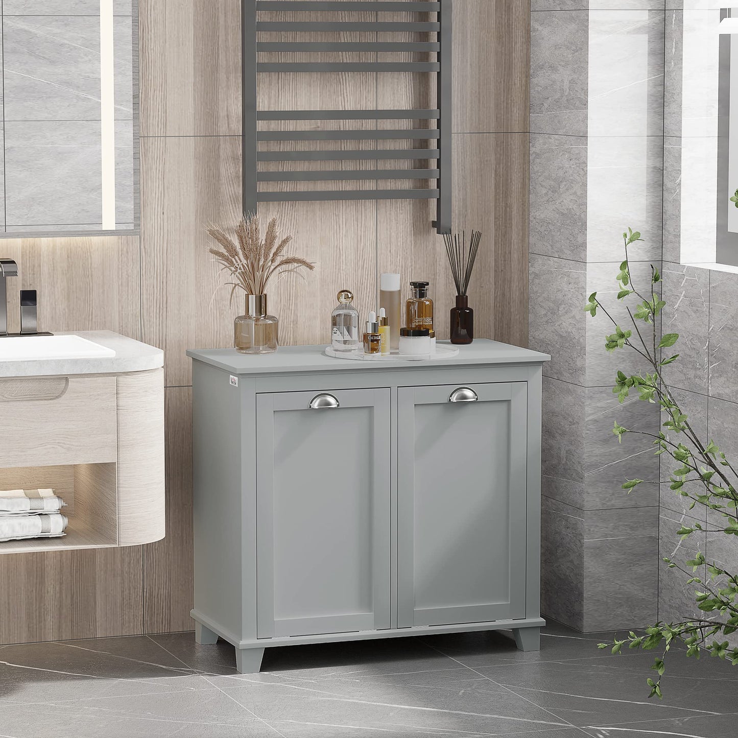 agnixnaf Laundry Sorter Cabinet,Bathroom Storage Organizer with Two-Compartment Tilt-Out Hamper,Gray