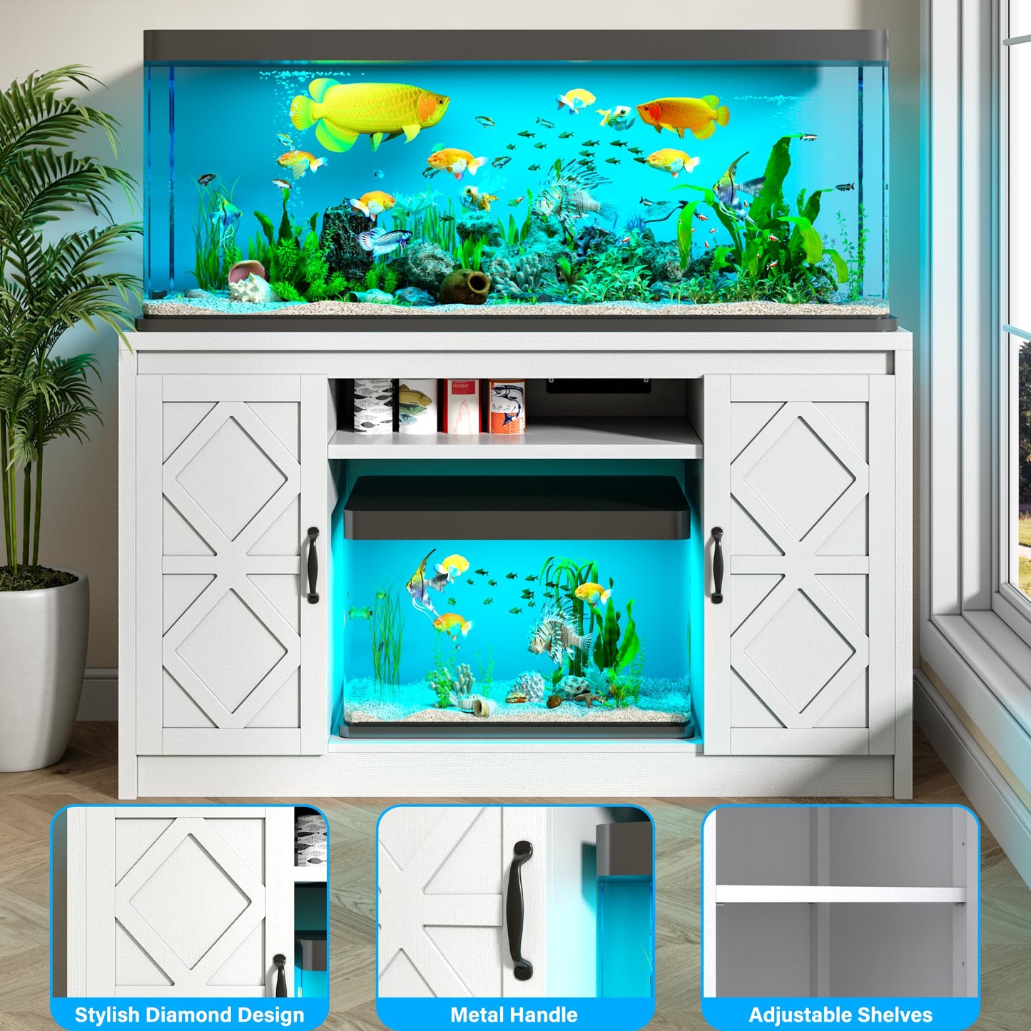 kepptory 55-75 Gallon Fish Tank Stand with Diamond Doors & Power Outlet, Heavy Duty Aquarium Stand with Cabinet Storage for Fish Tank, Turtle Tank, Reptile Terrarium (White)