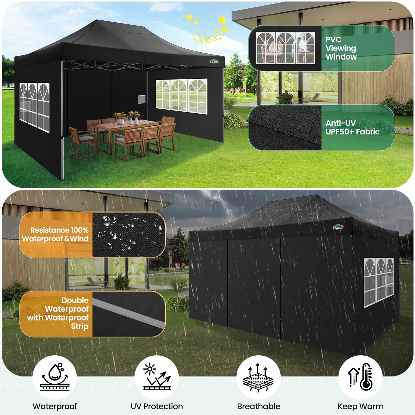COBIZI 10x15 Heavy Duty Pop up Canopy Tent with 4 sidewalls Commercial Outdoor Canopy Wedding Party Tents for Wedding All Season Wind & Waterproof Gazebo with Carry Bag, Black(Frame Thickened)