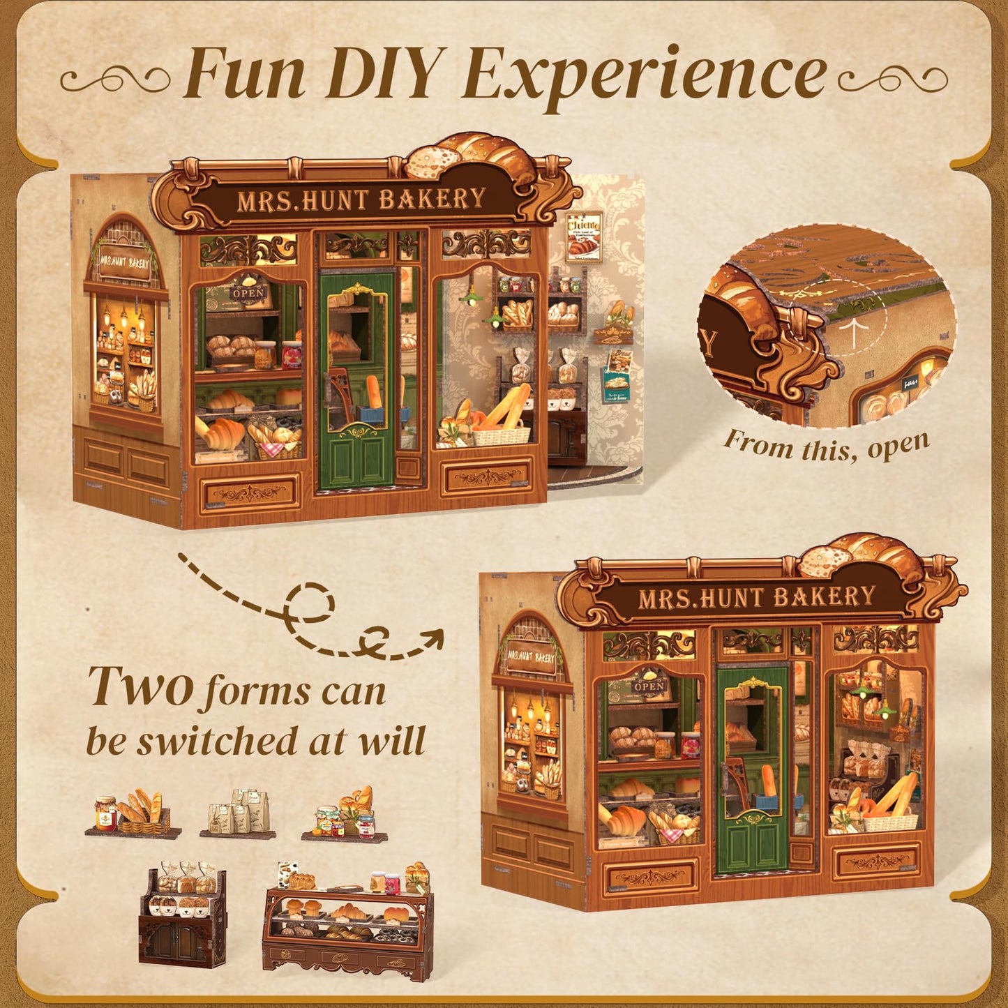 Cutefun Book Nook Kit - DIY Miniature Bread Shop Booknook Kits for Adults and Teens, 3D Wooden Puzzle Bookend Bookshelf with LED Light, Creative Crafts Gifts for Book Lovers (Mrs.Hunt Bakery)