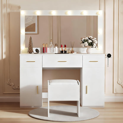 45" Vanity Desk with Large Mirror and Lights, Makeup Vanity Desk with 3 Color Lighting, 3 Drawers, 2 Cabinets, Power Outlets, Hair Dryer Rack, White Dressing Table Set with Hidden Storage Stool