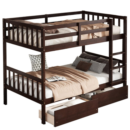 MERITLINE Wood Bunk Bed with Drawers, Convertible Bunk Bed with Ladders and Two Storage Drawers, Solid Wood Detachable Bedframe with Guardrails, Twin Over Twin, Espresso