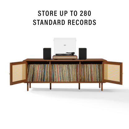 Crosley Furniture Nora Modern Record Player Cabinet with Vinyl Storage, Rattan Turntable Stand for Records, Walnut