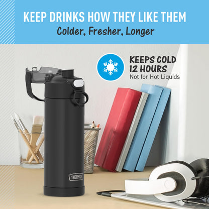 THERMOS FUNTAINER 16 Ounce Stainless Steel Vacuum Insulated Bottle with Wide Spout Lid, Black Matte