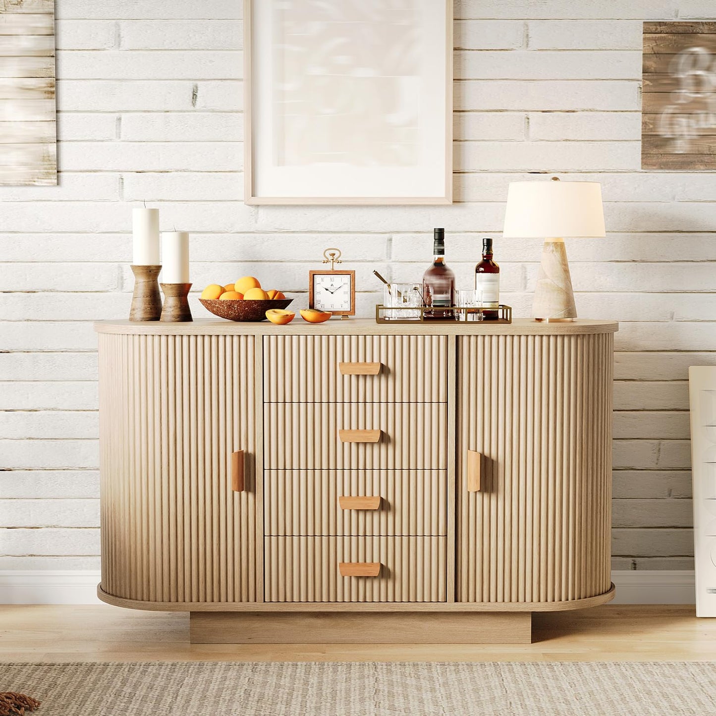 47" Fluted Sideboard Buffet Cabinet, Modern 60" Buffet Table with 4 Drawers and 2 Arched Sliding Doors, Coffee Bar Storage Console Cabinet, Accent Table for Dining Living Room, Hallway- Natural Oak
