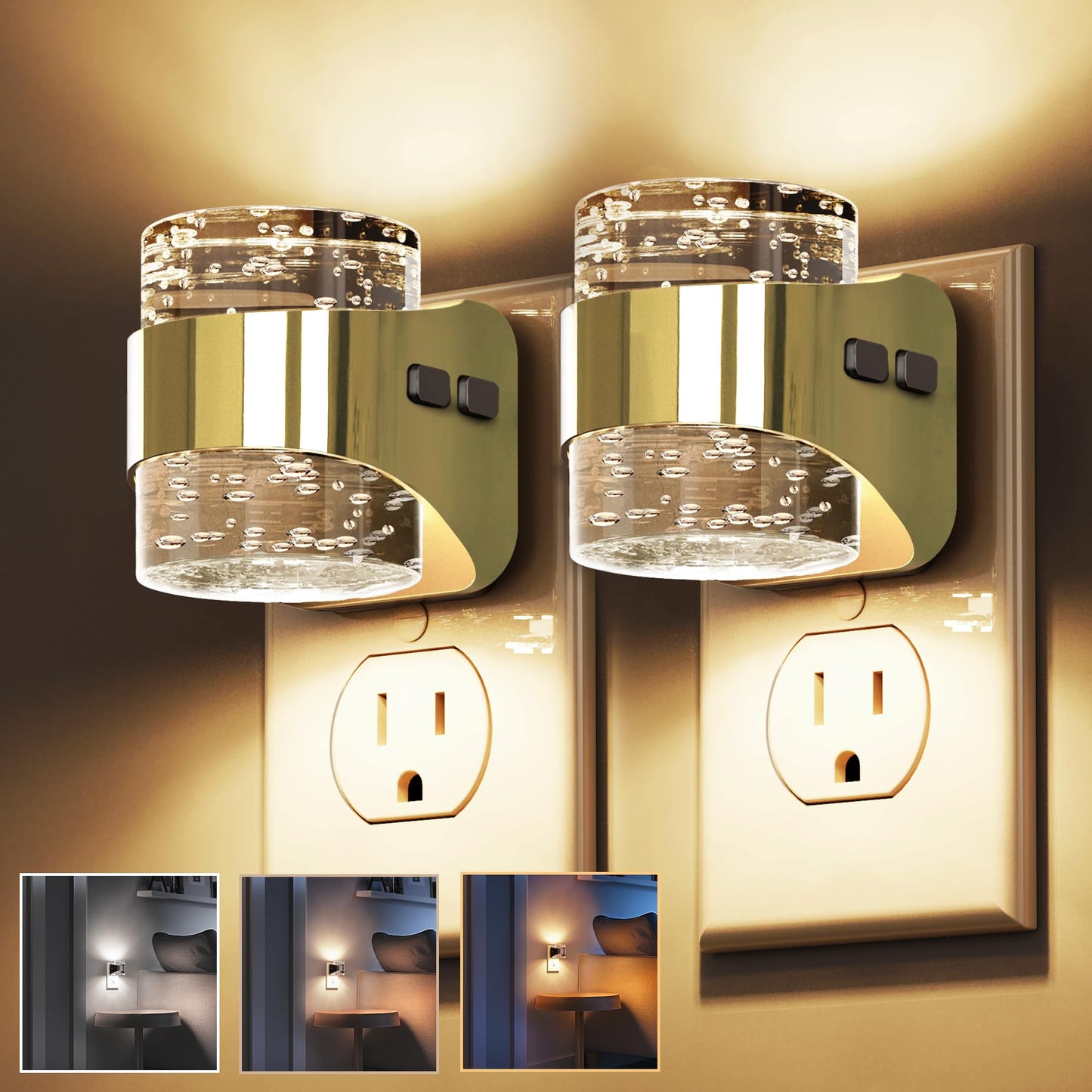 L LOHAS LED Night Light, Bubble Night Lights Plug into Wall,2 Pack 3000K/4000k/5000K Adjustable Color Temperature Night Light,Dimmable Nightlights with Dusk to Dawn Sensor for Rooms Bathroom Hallway
