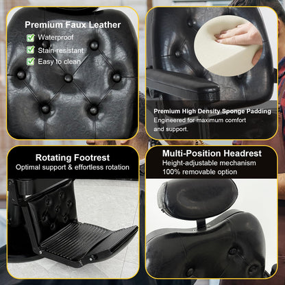 WINEDYOUNG Heavy Duty Vintage Recline Barber Chair All Purpose Reclining Salon Chair Hydraulic with Headrest, 360° Rotatable Barber Chair, Professional Salon Beauty Spa Shampoo Equipment