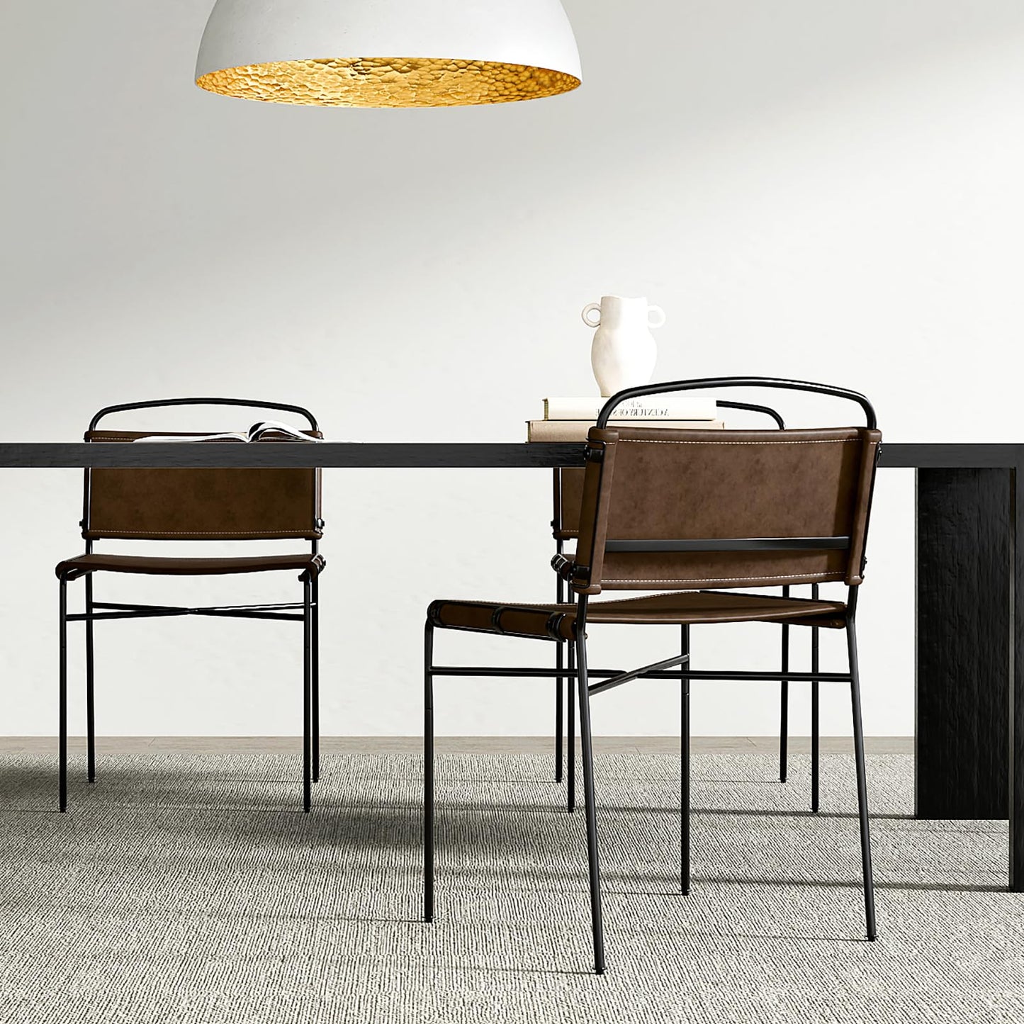 CY SISTERS Mid-Century Modern Dining Chairs Set of 2, Brown PU Faux Leather Dining Chair Armless Dining Room Chairs with Black Metal Legs, High-End Stylish Kitchen Restaurant Dining Chairs