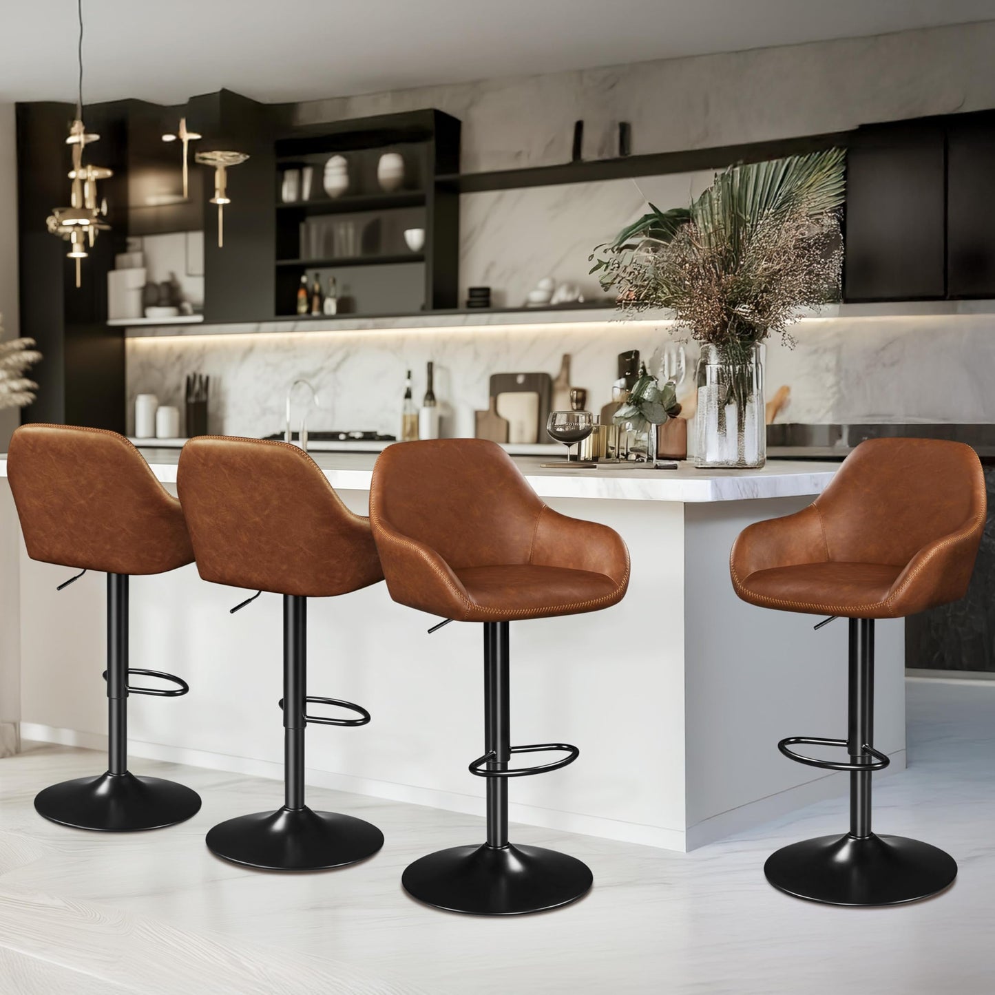 Yaheetech Bar Stools Set of 4, PU Leather Swivel Counter Height Barstools, Adjustable Bar Chairs with Backrest and Footrest, Kitchen Island Stool for Home Kitchen, Retro Brown