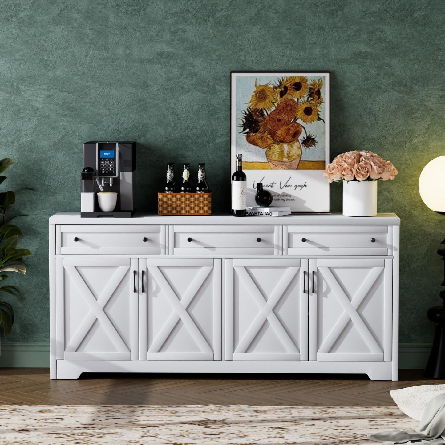 Lyromix 66'' Farmhouse Sideboard Buffet Cabinet with Storage, Large Kitchen Storage Cabinet with Barn Doors Drawers, White Coffee Bar Table for Dining Room Kitchen