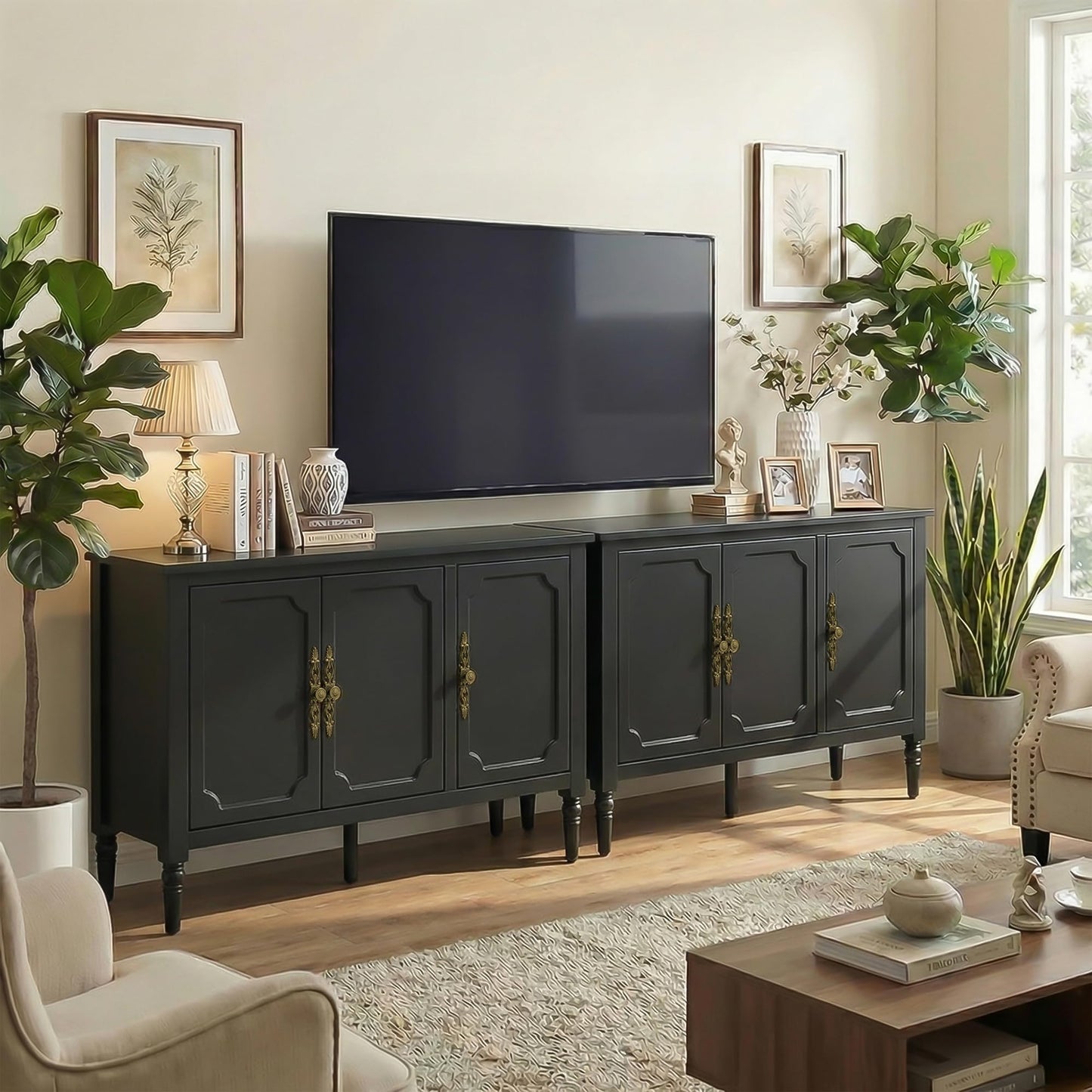 RoyalCraft Buffet Cabinet with 3 Doors, Mid-Century Modern Sideboard with Storage, Painted Wood Coffee Bar Table with Adjustable Shelves, Credenza Cabinets for Kitchen, Living Room, Dining Room, Black