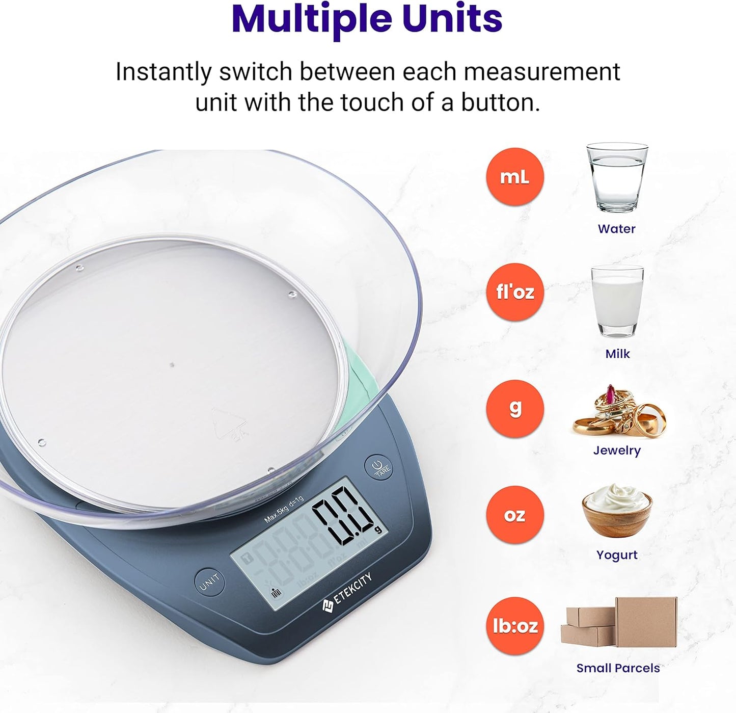 Etekcity 0.1g Food Scale with Bowl, Digital Grams and Ounces for Weight Loss, Dieting, Baking, 11lb/5kg, Prussian Blue