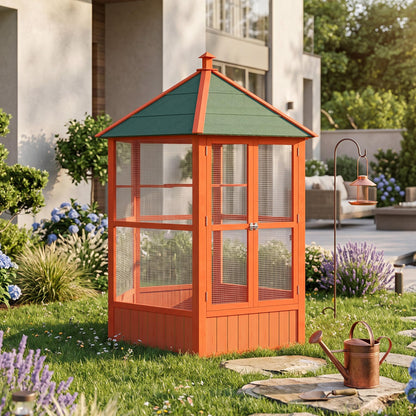 PawHut 69" Large Wooden Hexagonal Outdoor Aviary Flight Bird Cage with Covered Roof, Brown
