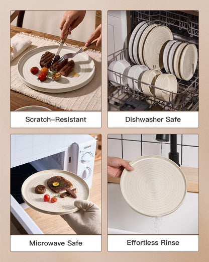 Famiware Premium 24-Piece Stoneware Dinnerware Set – High Edge Plates and Bowls with Reactive Glaze, Speckles & Spirals, Scratch Resistant Dishes, Dishwasher Safe, Service for 8, Gift Box, Shell Beige