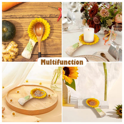 2 Pack Spoon Rest for Stove Top, Sunflower Ceramic Spoon Holder for Kitchen Counter Cooking Utensil Ladle Spatula Holder Cute Spoon Rest Sunflower Kitchen Decor Items House Warming Birthday Gift