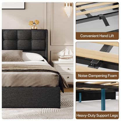 Vinabilia Lift Up King Size Bed Frame with Storage, Upholstered King Bed Frame with Wingback Headboard, No Box Spring Needed, Easy Assembly - Dark Grey