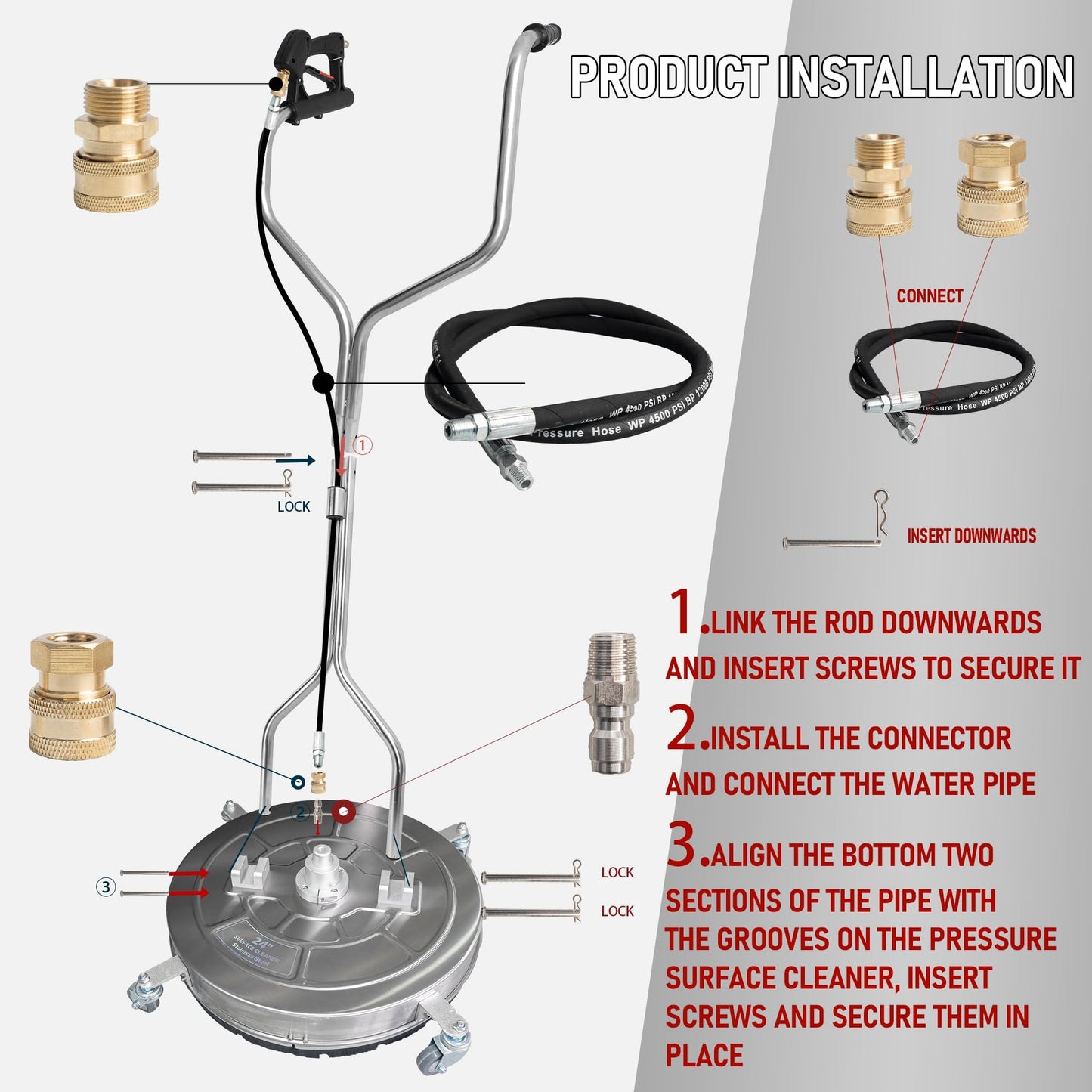 Hourleey 24" Pressure Washer Surface Cleaner with Dual Handles, Stainless Steel Surface Cleaner with 4 Wheels for Driveways, Pathway, Sidewalks, Patios, Decks, 4500 PSI with 3/8" Quick Connector Kit