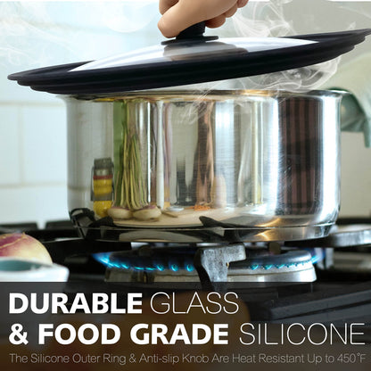 Anaeat Silicone Universal Lid for Pots, Pans and Skillets - Tempered Glass Covered with Heat Resistant Silicone Rim Fits 9.5", 10" and 11" Diameter Cookware -Easy to Use Replacement Frying Pan Cover