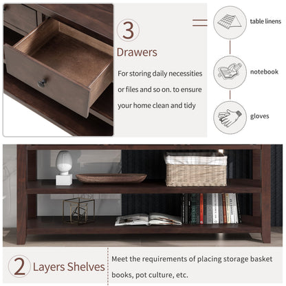 Bellemave Solid Wood Console Table with Drawers, Retro Entryway Table with 3 Drawers and 2 Open Storage Shelves, Narrow Long Sofa Table, Behind Couch Table for Living Room, Foyer and Hallway, Espresso