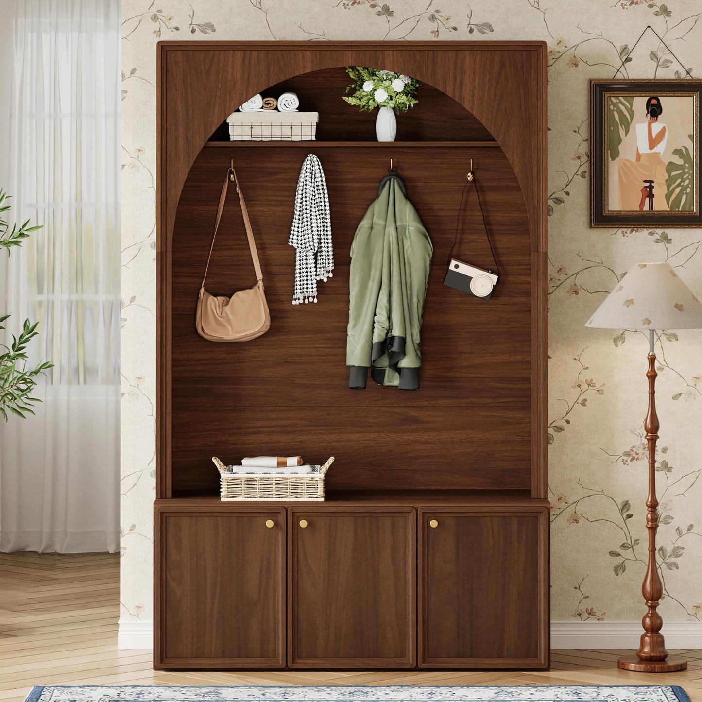 Merax Farmhouse Hall Tree with Bench and 3 Cabinets, 4-in-1 Entryway Coat Rack with 4 Golden Hooks and Top Compartments, 77.5" Retro Arched Entryway Hall Tree for Hallway, Mudroom, Entrance, Walnut