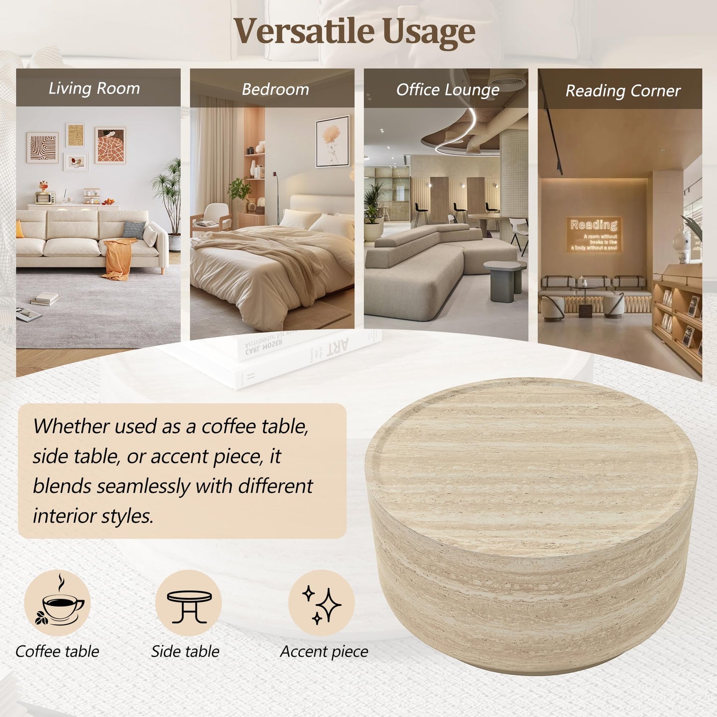 Merax 27.5" Round Coffee Table with Faux Luxury Marble Look, Drum Small Center Table with Strong Structure, Minimalist Mars Pattern End Table for Living Room, Bedroom, No Assembly Required, Beige