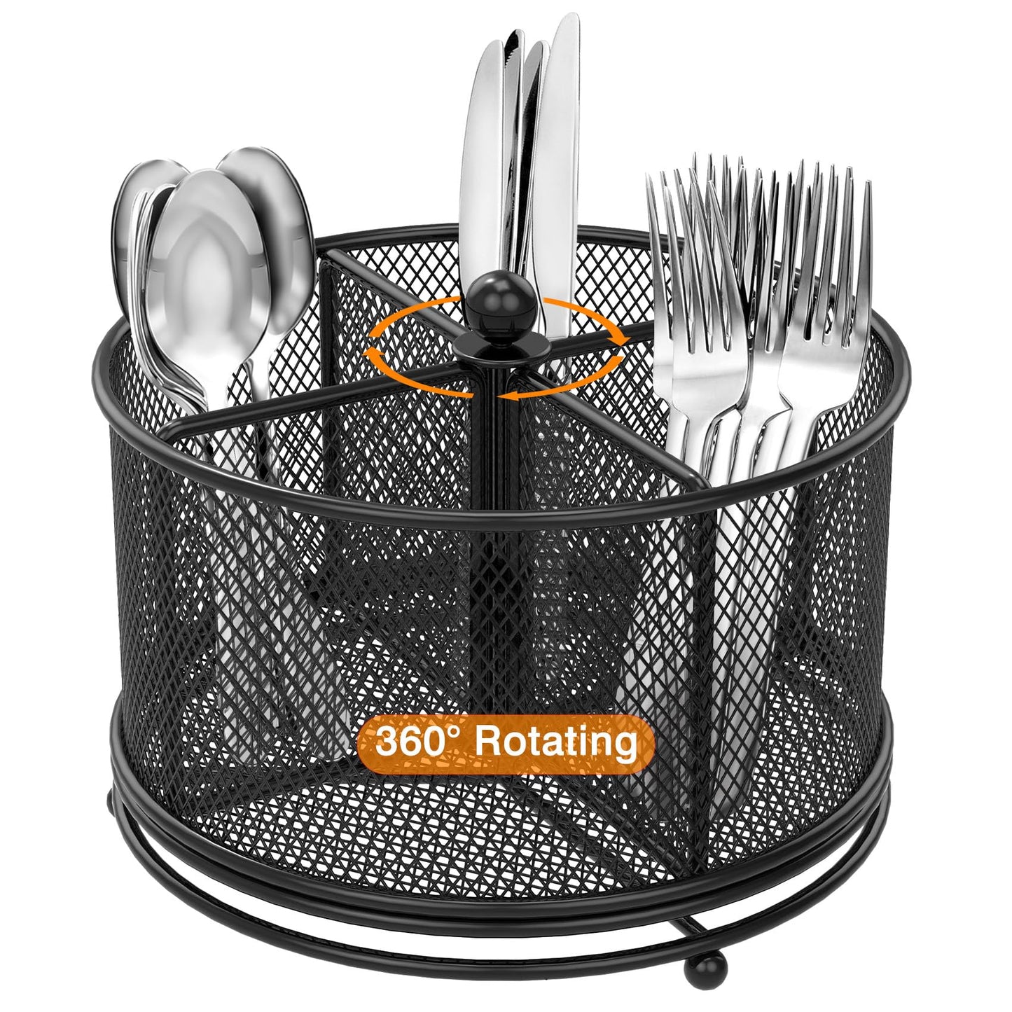 Fylsyd 360° Rotating Metal Utensil Caddy, 4 Compartment Silverware Cutlery Holder, Effortless Access Fork Spoon, Silverware Holder for Party Countertop Buffet Picnic Camping Outdoor (Black)
