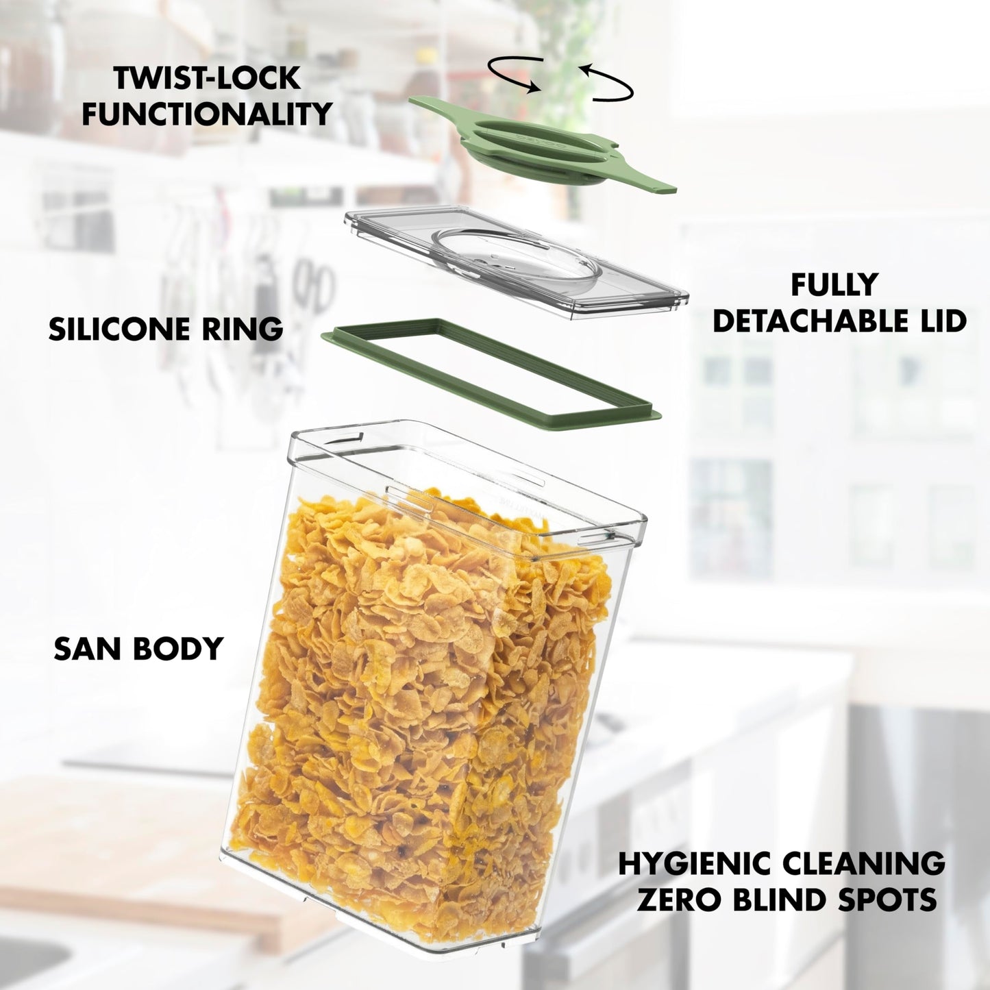 Prestoor 4-Pack Airtight Pantry Containers, 1.9 QT Clear SAN Food Storage Jars with Twist-Lock Lids, Detachable for Easy Cleaning, Stackable for Cereal, Pasta, Rice, Oats & Snacks White