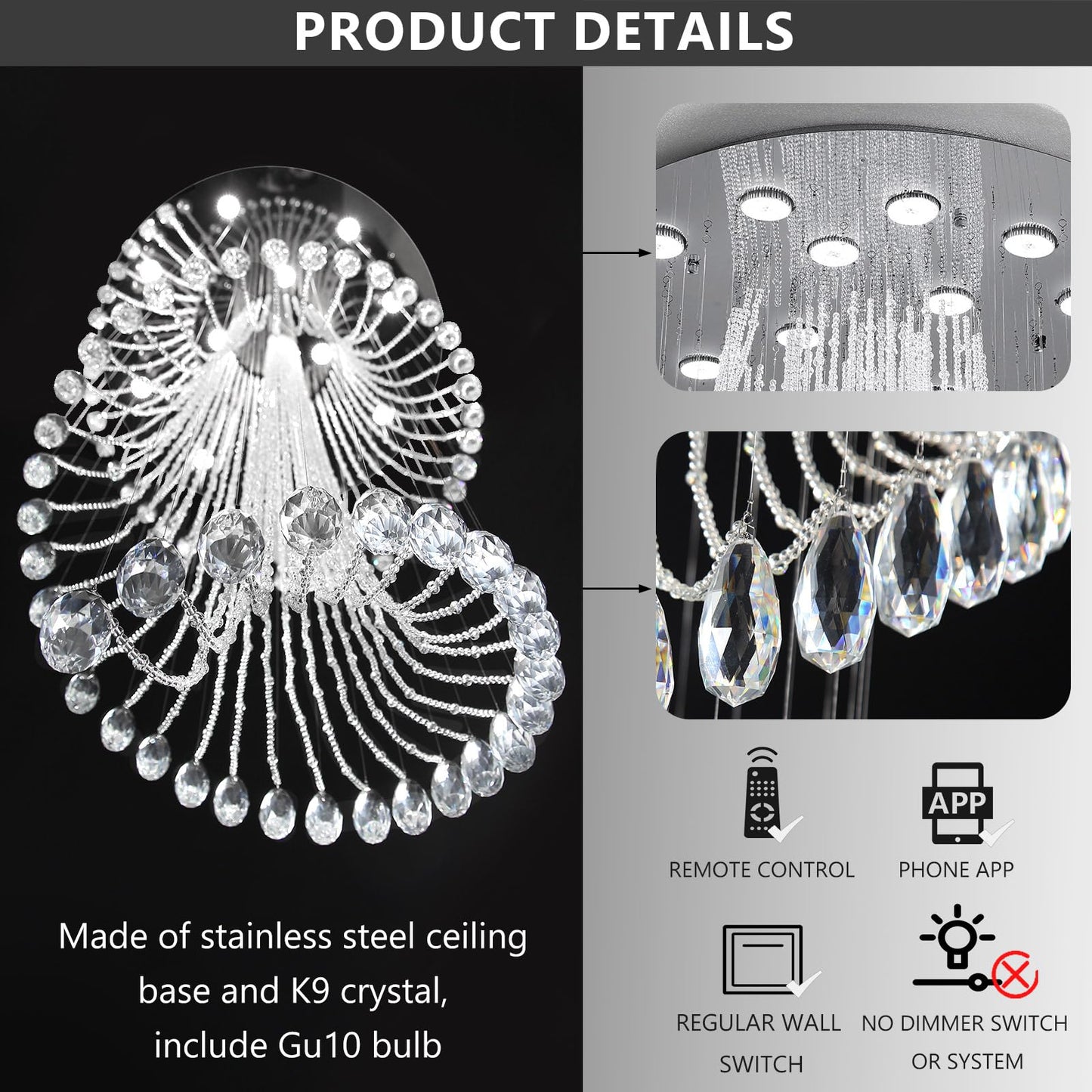 D40'' x H120'' Modern Crystal Chandelier for Foyer Glam Chandelier High Ceiling Chandeliers Large Raindrop Pendant Lights LED Dimmable Light Fixtures for Staircaes Living Room Entryway Silver