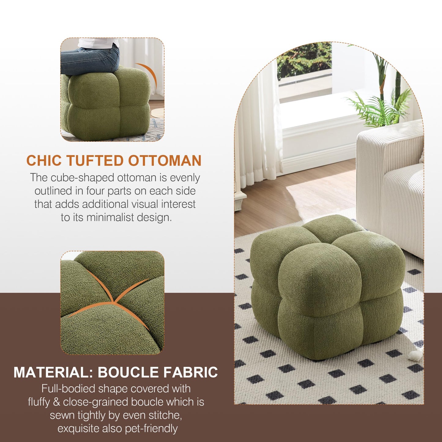 Zesthouse Square Pouf Ottomans Footstool Set of 2, Upholstered Poofy Ottoman for Couch Sofa, Modern Vanity Chair Backless for Living Room, Green Boucle Stool Foot Rest, Fabric Ottoman Coffee Table