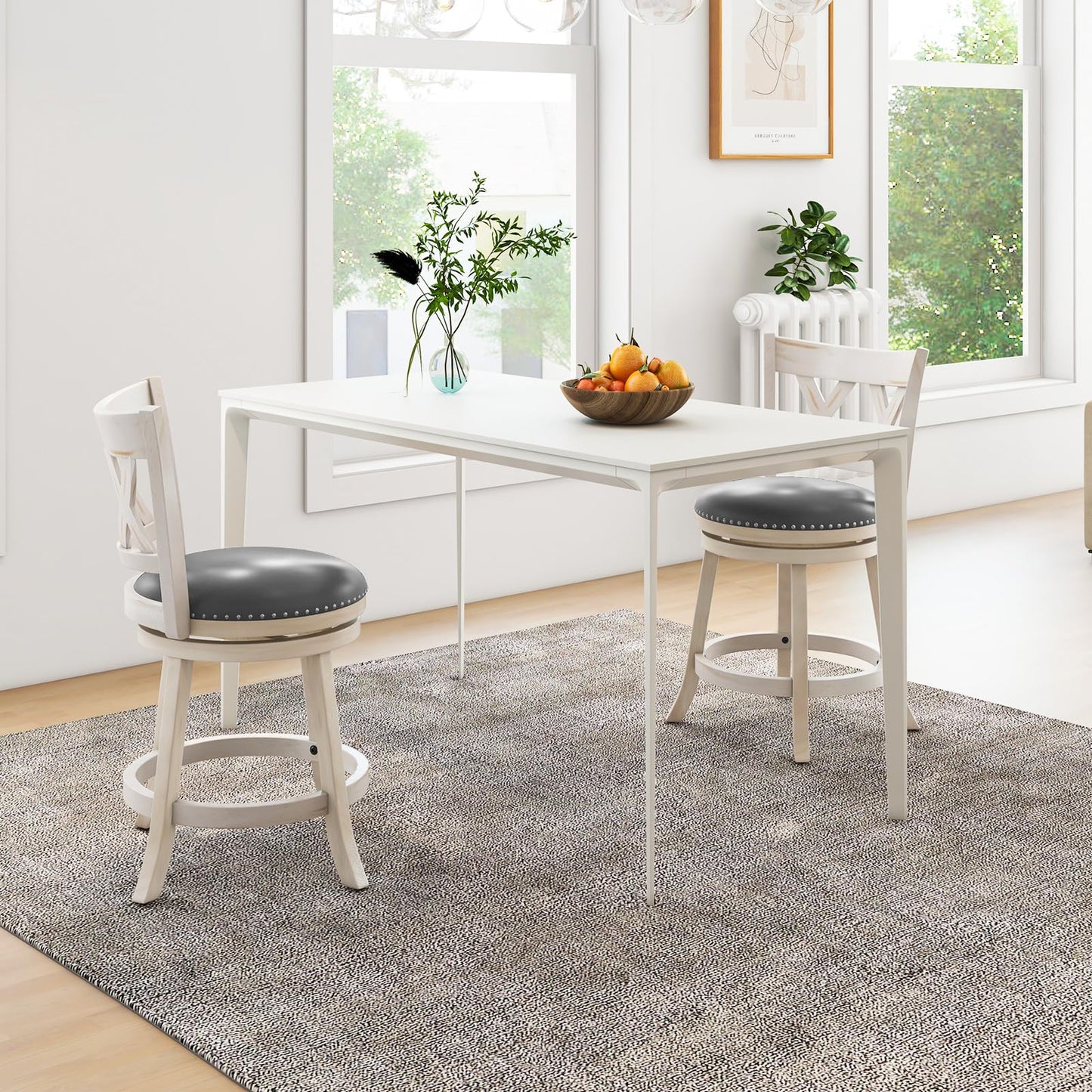 COSTWAY Bar Stool Set of 4 for Kitchen Island, 25.5” Swivel Armless Counter Height Stools with 20'' Wider Padded Seat, Ergonomic Curved Backrest, Rubber Wood Frame (4, Antique White + Gray)