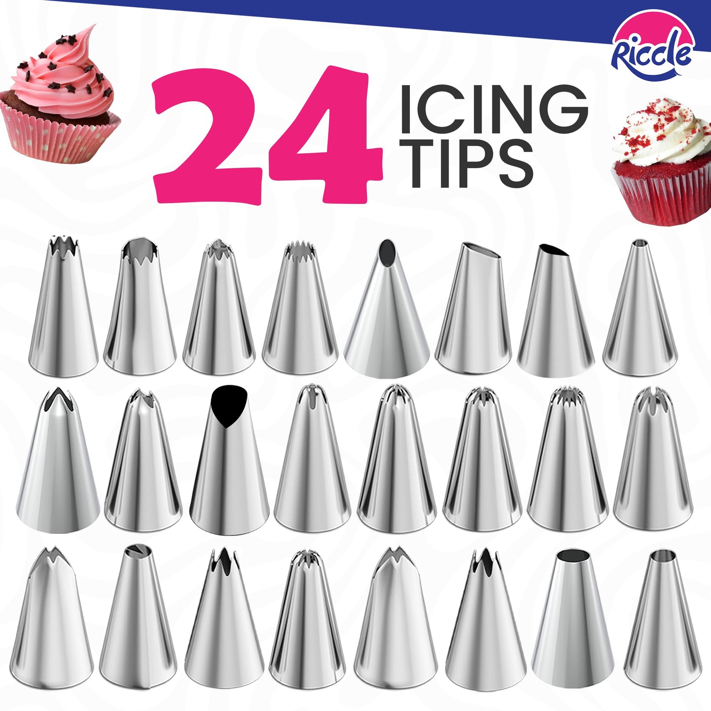 Riccle 94 pcs Cake Decorating Kit with Cake Turntable - Includes 50pcs 16 Inch Disposable + 2 Reusable Piping Bags and Tips Set, 24 Icing Piping Tips, 2 Spatulas, 3 Icing Comb Scraper, 6 Cake Liners
