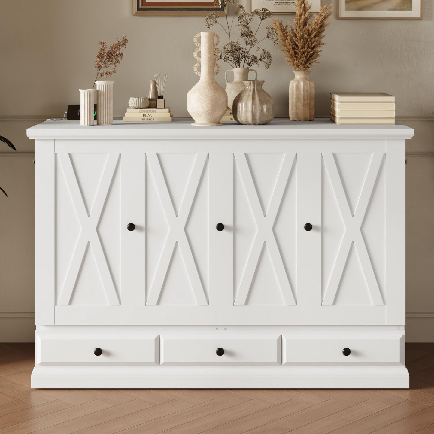 YOPTO Murphy Bed Cabinet Full Size with Charging Station and Large Storage Drawer,Pine Wood Folding Wall Bed Frame,Space Saving,Easy Assembly,Hidden Platform Bed for Home Office or Small Room,White