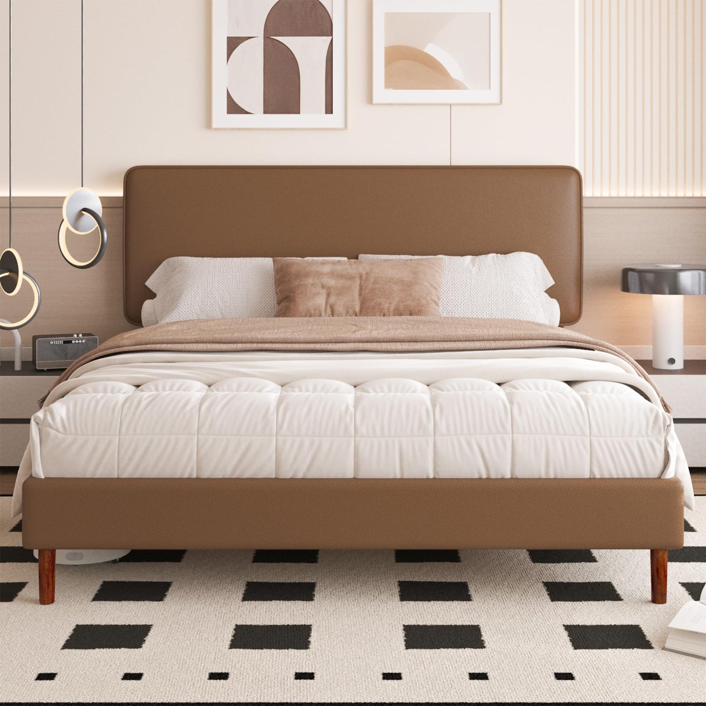 Lcwtvgxr King Size Leather Platform Bed Frame with Adjustable Upholstered Headboard, Solid Wooden Legs, No Box Spring Needed, Easy Assembly, Noise Free, Brown