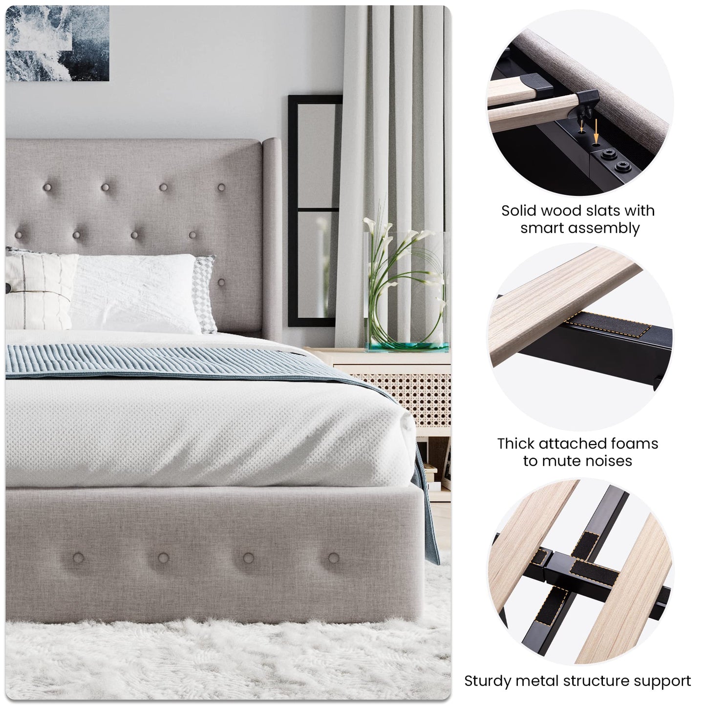 SHA CERLIN King Size Lift Up Storage Bed Frame,Button Tufted Wingback Headboard,Upholstered Platform,Hydraulic Storage,Wooden Slat Support,No Box Spring,Light Beige