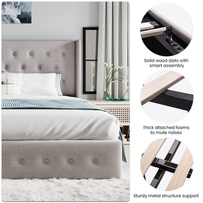 SHA CERLIN King Size Lift Up Storage Bed Frame,Button Tufted Wingback Headboard,Upholstered Platform,Hydraulic Storage,Wooden Slat Support,No Box Spring,Light Beige