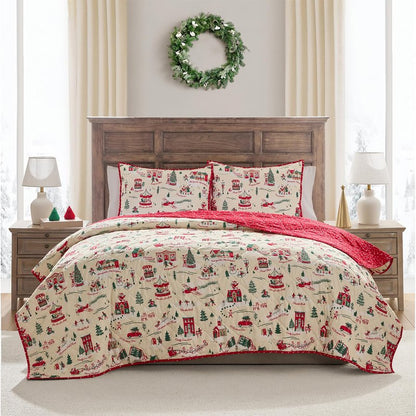 Hallmark King Size 3-Piece Holiday Quilt Set with Shams | Reversible Quilt with 2 Christmas Patterns | Lightweight & Cozy | Super Soft Microfiber Fabric | Wrinkle-Resistant | Multi Christmas Village