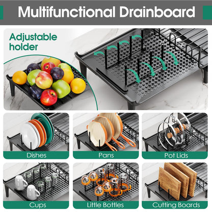 Large Extendable Dish Drying Rack, 16.93" to 26.57" Expandable Dish Rack for Kithen Counter, with Multifunctional Drainboard, Fits Any Sink, Heavy-Duty Steel Plate Drainer for Countertop Organization