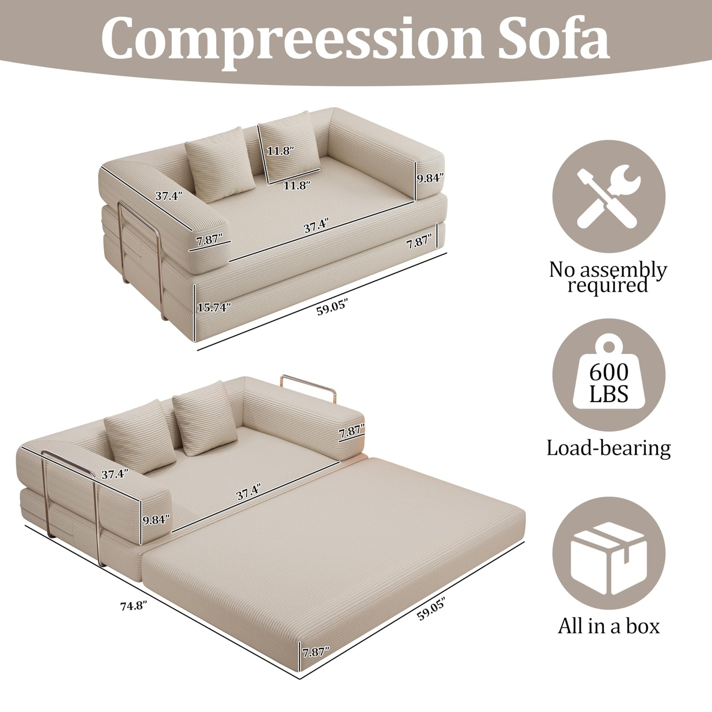 BSHOMGI Folding Sofa Bed, 4 in 1 Convertible Sofas to Lounger Comfy Floor Portable Foldable Sleeper Lazy Futon Couch Chair for Bedroom, Living Room (Beige, 59” 2 Seat)