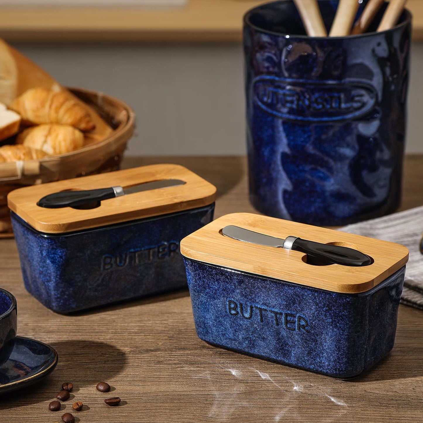 Vicrays Porcelain Airtight Lid Butter Container with Knife - Large Blue Butter Keeper Crock for Countertop
