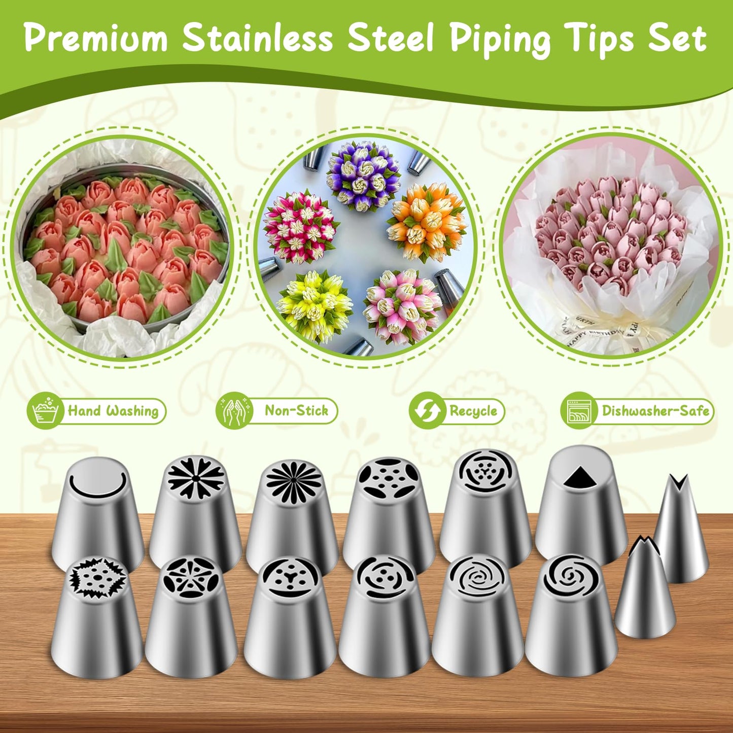 Suuker 27 Pieces Russian Piping Tips Set, Cake Decorating Tips Baking Supplies for Cupcake Cookies Birthday Party (12 Icing Tips 10 Pastry Baking Bags 2 Leaf Piping Tips 2 Couplers 1 Silicone Bag)