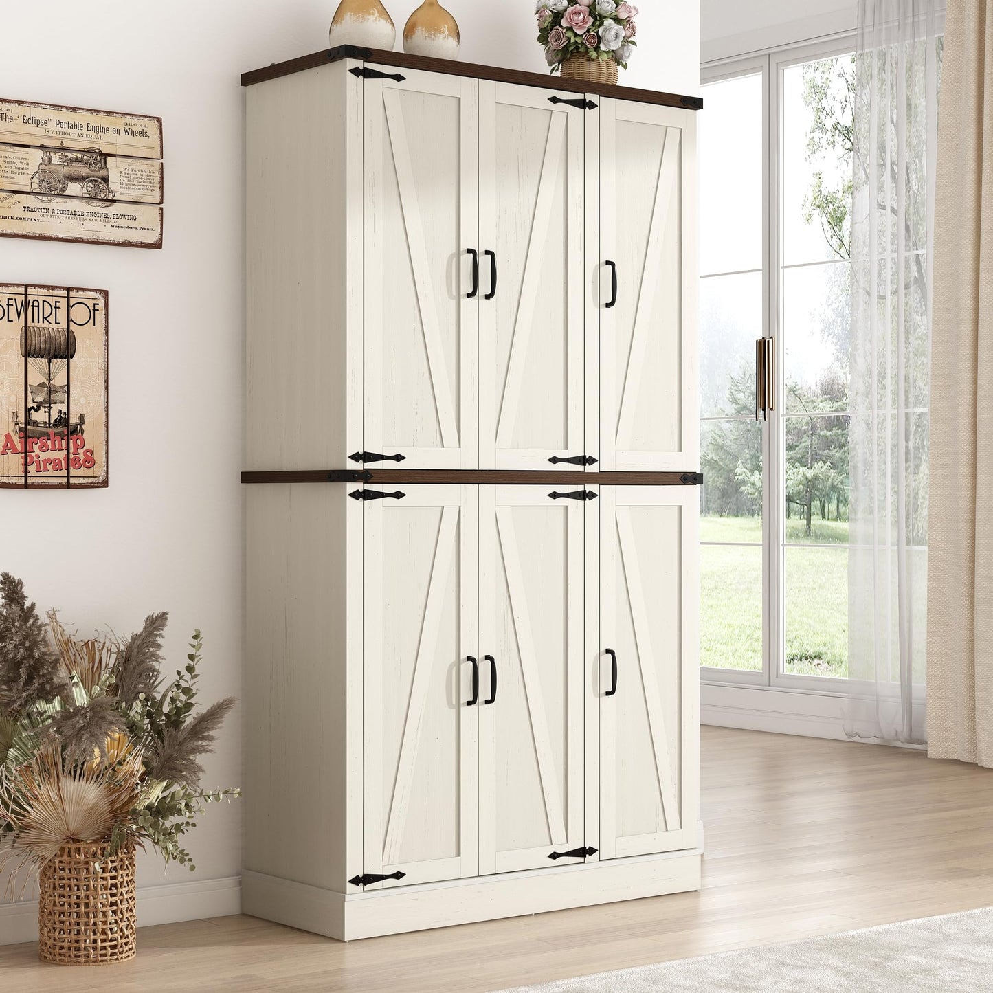 Hlivelood 71" Tall Kitchen Pantry,Farmhouse Storage Cabinet with Barn Doors,Organizer,Rustic Wood Cupboard,Farmhouse Pantry Cabinet for Kitchen,Dining Room,Living Room(Rustic White)