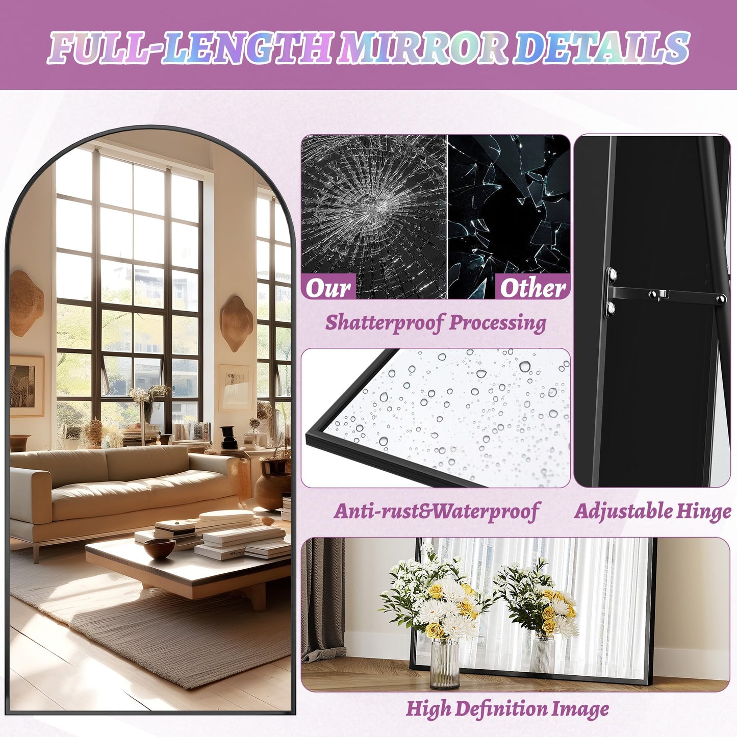 LadyNow Full Length Mirror, 81"x41" Oversized Floor Mirror Freestanding, Full Body Floor Standing Mirror with Stand, Hanging Mounted for Bedroom Living Room, Black, Arched Style