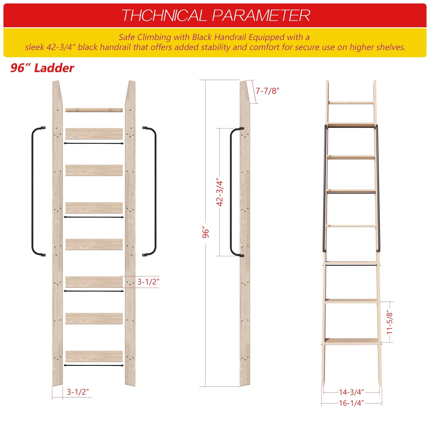 104RDHOUSE 96in Attic Rolling Library Ladder, 8 Step Wooden Ladder with,Loft Ladder Bookshelf,Wall Stairs Red Oak Stair Platform Bunkbed Ladder,for Home Kitchen,Warehouses,Bookstore,DIY Stain