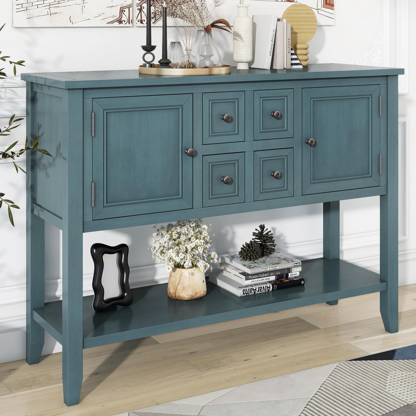 Amposei Modern Farmhouse Wood Buffet 45-Inch Entryway Console Table with Storage, Sideboard Cabinet with Drawers & Shelf for Living Room Kitchen Hallway, Dark Blue