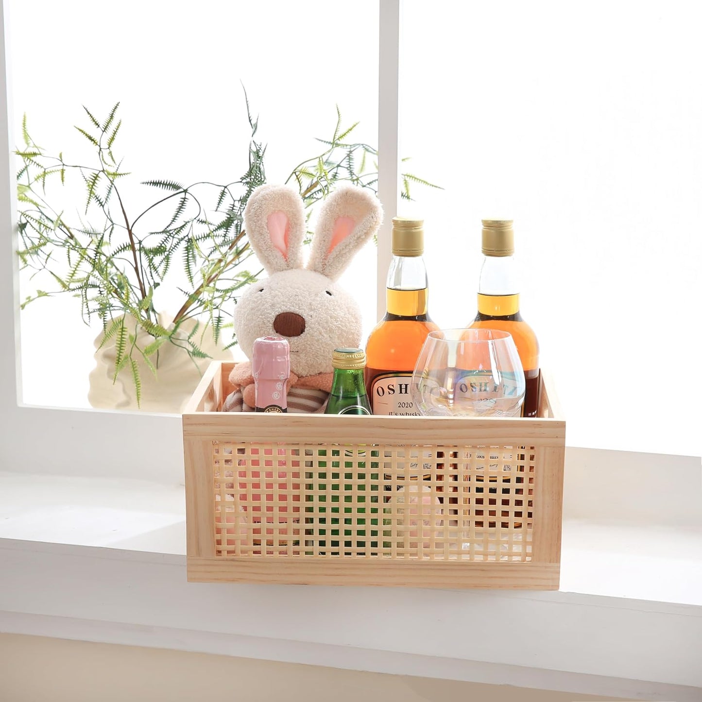 Rectangular Storage and Decor Basket, Wood Box, Natural Pine and Bamboo Material