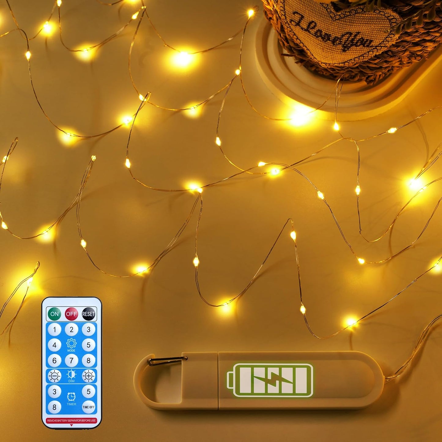 8 16ft Fairy Lights Battery Operated - Rechargeable String Lights for Bedroom Dorm - LED Decorative Twinkle Light