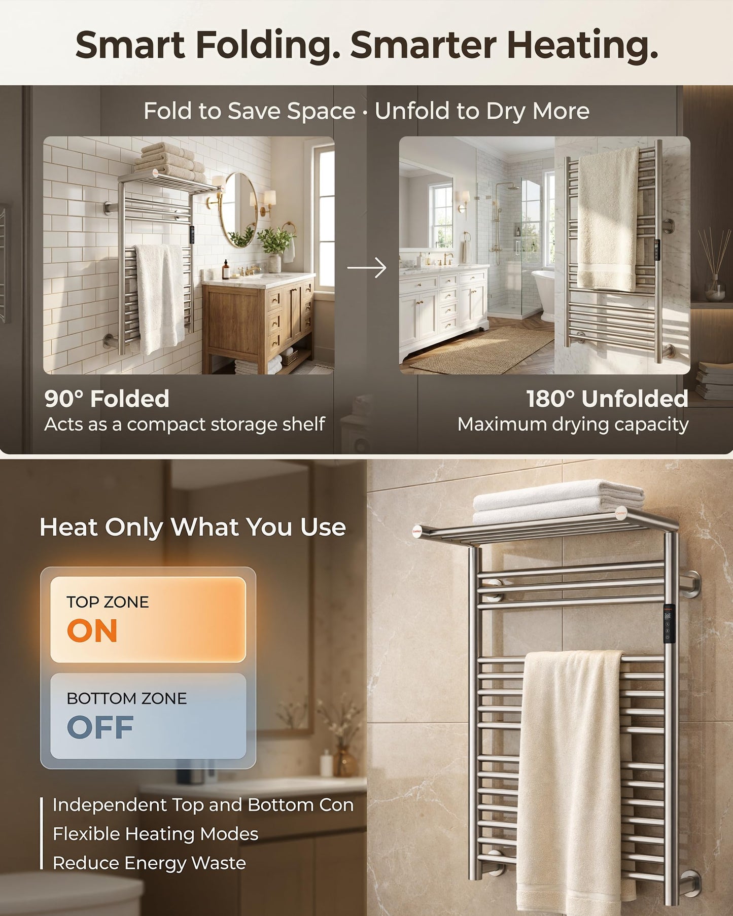 Caldayx High-Density Foldable Heated Towel Rack, Smart Dual-Zone App/Voice Control Towel Warmer Rack, GFCI Plug-in/Hardwired, Wall-Mount, Drill-Free Install, Brushed, CA3-900X550-Ultra-S